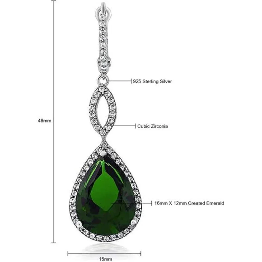 20.0 Ct Tw Sterling Silver 925 Emerald Bridal Chandelier Teardrop Earrings